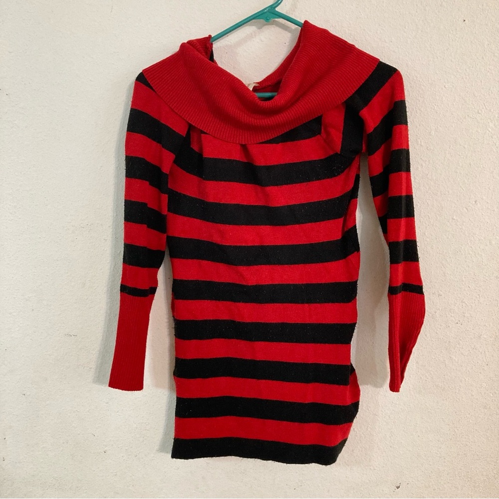 Chocolate Red & Black Striped Cowl Neck Sweater